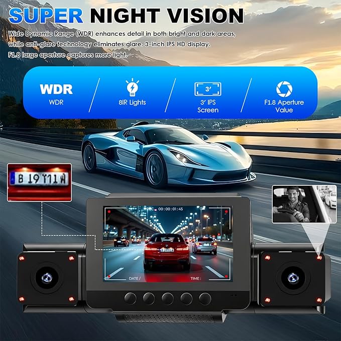 4 Channel Dash Cam 360 View for All-Round Protection, 4-Way Front Rear Inside Recording, Built-in 5G WiFi & GPS, APP Control, 8 IR Night Vision, 24H Parking Monitor, G-Sensor, Free TF Card