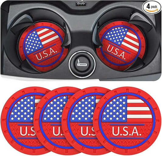 AUCELI 4 Pack Car Cup Holder Coasters, Colored American Flag US Flag Insert Car Cup Coaster, 2.75 Inch Anti Slip Shockproof Embedded Drink Mat, Vehicle Interior Decor Accessories