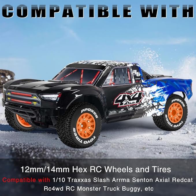 GLOBACT 12mm/14mm Hex RC Wheels and Tires 1/10 RC Truck Tires for Arrma Senton Fury Slash Axial Losi Redcat Rc4wd Hex Detachable Replacement (Orange 4PCS)