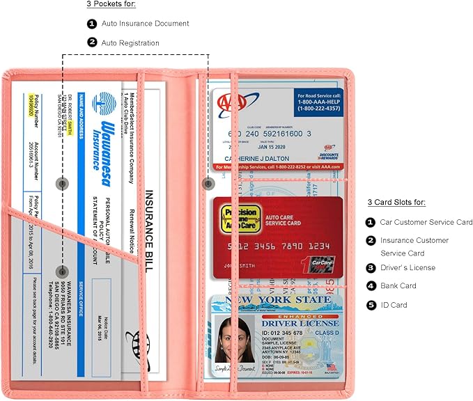 TOURSUIT Car Registration and Insurance Card Holder, Vehicle License Document Glove Box Compartment Organizer, Interior Car Accessories for Women Men Teens (Pink)
