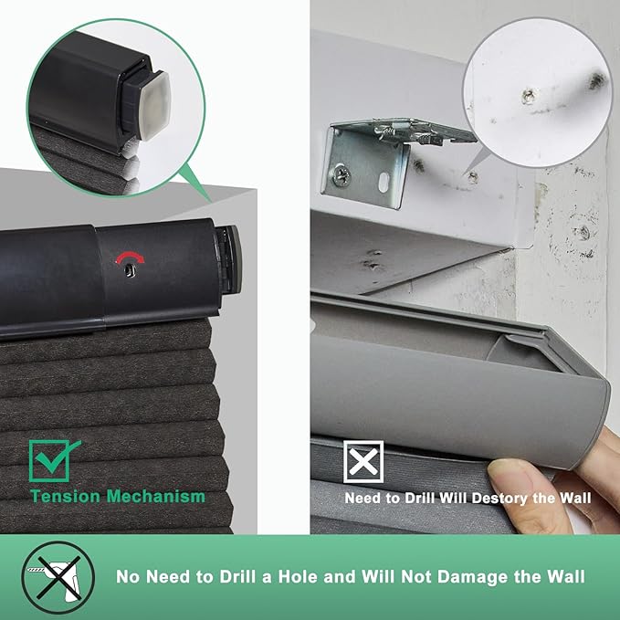 Tonature No Drill Cellular Shades for Indoor Windows, Thermal Insulating & Noise Reducing Honeycomb Blinds, Cordless Free Stop Blinds Light Filtering, Black, Custom Size