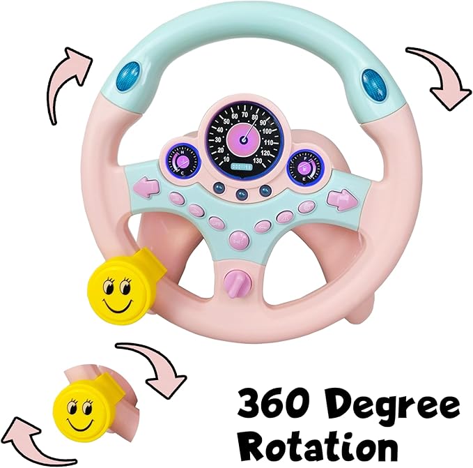 Kids Steering Wheel Toy for Car Backseat with Light and Music,Suction Cups Base-Interactive Simulated Driving Steering Wheel Toy for Toddlers Boys Girls,Pink