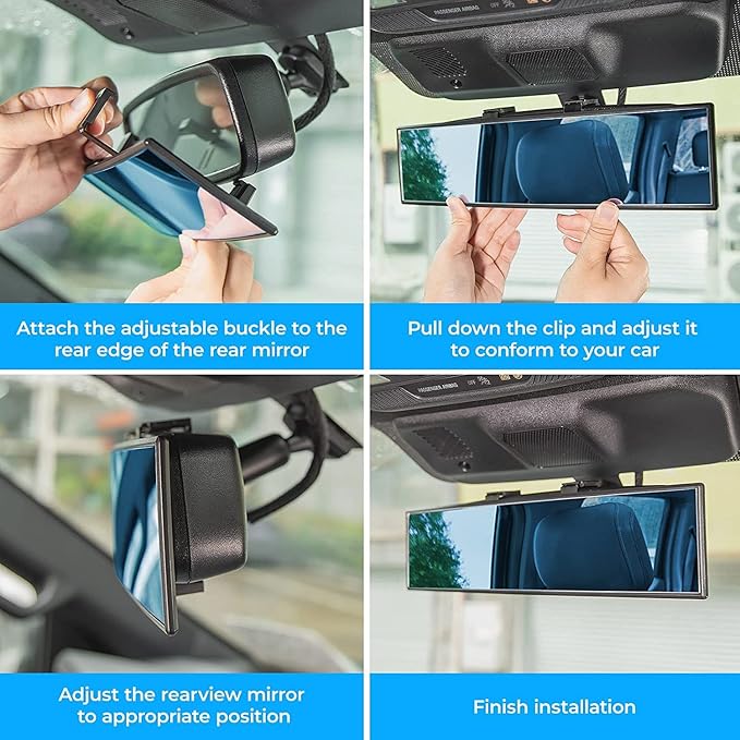 JOYTUTUS Rear View Mirror, Universal 12 Inch Panoramic Convex Rearview Interior Clip-on Wide Angle Mirror to Reduce Blind Spot Effectively for Car SUV Trucks - Blue