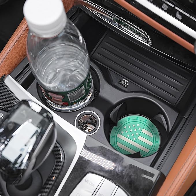 Osilly Car Cup Holder Coasters, 4 Pack American Flag Insert Car Cup Coaster, 2.75 Inch PVC Anti Slip Shockproof Embedded Drink Mat, Car Interior Decoration Accessories for SUV, Truck(Green)