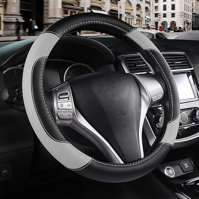 Leather Car Steering Wheel Cover, Non-Slip Car Wheel Cover Protector Breathable Microfiber Leather Universal Fit for Most Cars(Grey)