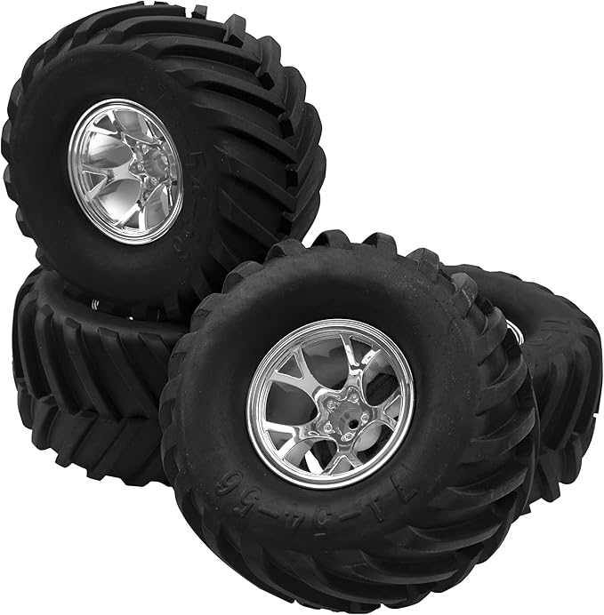 5.31''OD Rubber Tires & Wheel Rim 12mm Hex Hub Compatible with Traxxas Rustler HPI HSP Volcano Tamiya Exceed Himoto 1/10 Off-Road Monster Truck,135mmx73mm (Silver)