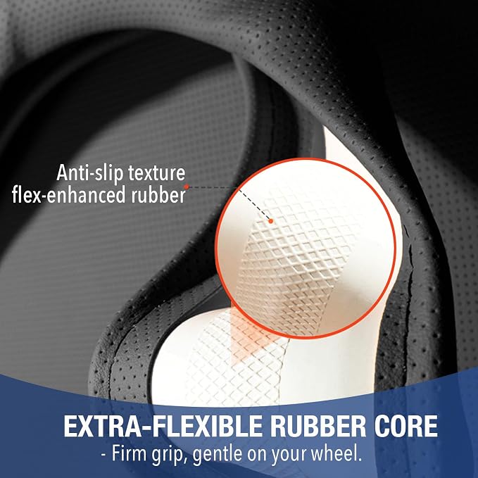 PINCTROT Supported Grip Nappa Leather Steering Wheel Cover for Tesla Model Y/3 Highland/Juniper, D Shaped 14 Inch Small Sized with Breathable Perforation, Flat Bottom 14 Inch(Black)