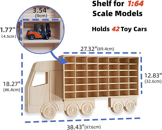Wood Car Display Shelf, Toy Car Storage Organizer for 1/64 Scale Diecast Cars, Holds 42 Models, Freestanding & Wall-Mounted Rack, Model Car Display Case