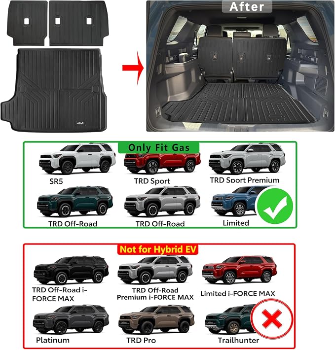 Trunk Mats for 2025 Toyota 4Runner Gas & Backrest Mats（Non Hybrid EV & i-Force MAX） 5-Seat, TPE All-Weather Set Cargo Liners Covering The Backrest，Custom Fit Non Slip-car mats Accessories