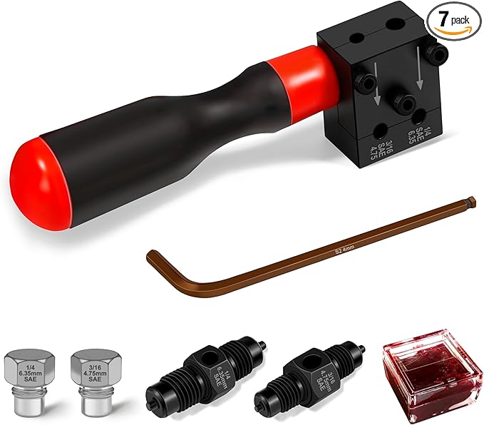 YIYITOOLS 7Pcs Brake Line Flaring Kit for 1/4", 3/16" Copper, Aluminum and Nickel-Copper Tubing Lines, Creates 45° Single, Double & Bubble Flares, SAE