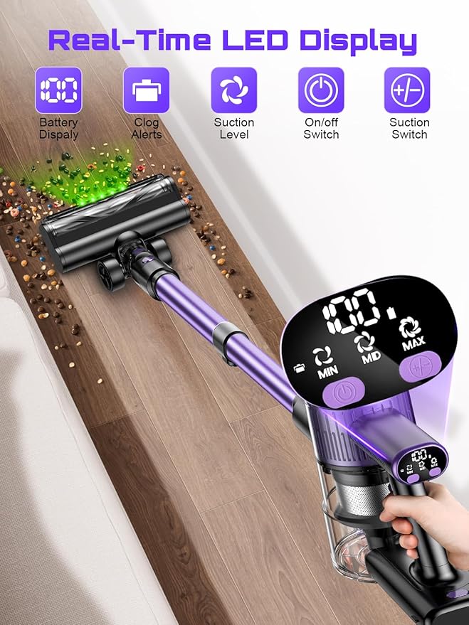 Cordless Vacuum Cleaner, 10 in 1 Stick Vacuum with Powerful Suction, Hose, Green LED Light, Anti-Tangle Brush, Lightweight Rechargeable Vacuum Cleaner for Home, Hardwood Floors,Pet Hair (Purple)