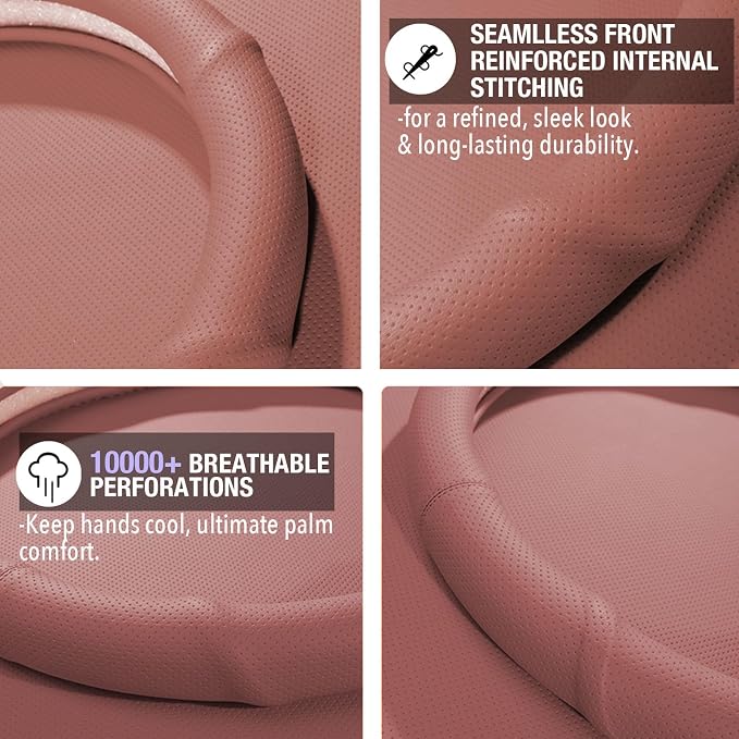 PINCTROT Large Size Nappa Leather Steering Wheel Cover with Ergonomic Palm Support Grip, Full Perforated Breathable, Slim Fit No Bulk Design,15.5-15.75 Inch(Maple Brown)