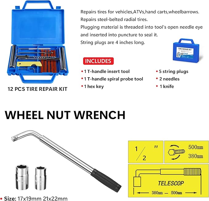 5 Piece Car Truck Floor Jack Service with Jack Stands Tire Repair Kit L-Wrench for Garages, Automotive,Repair Shops, Portable, 4,000 lbs. Capacity, Lifting Range 3.3" - 15.2",Heavy Duty Steel, Blue