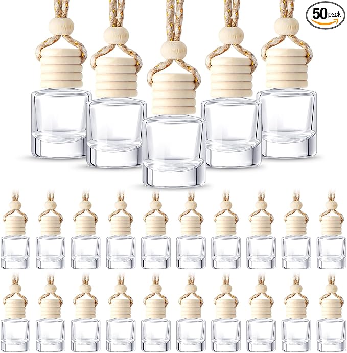BBTO 50 Pcs Hanging Car Air Freshener Car Diffuser Bottles Empty Glass Perfume Bottle Freshener Diffuser Bottle Pendant for Essential Oil Fragrance Aromatherapy Ornament (Cylinder)