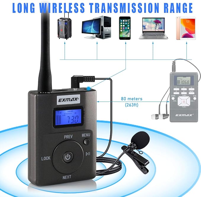 EXMAX Portable 0.2W/200mW Stereo Wireless FM Transmitter Radio MP3 Music Player Broadcast with 3.5mm AUX Microphone Support TF Card for Tour Guide System Teaching Simultaneous Meeting Black