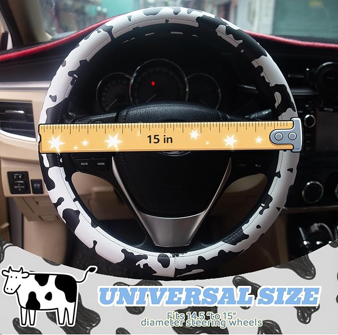 Universal Steering Wheel Cover Women 14.5-15 inch car Accessories Cow Print Western Leather Anime Black and White Cute Wheel Cover Anti-Slip Car Protecter for Men