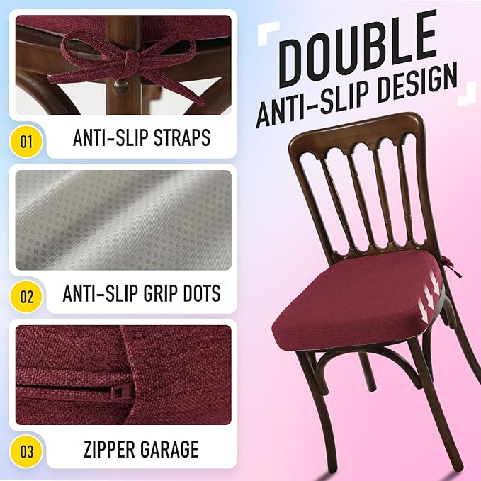 SUNROX Cooling Gel Memory Foam Chair Cushions, 2.6" Thick U-Shaped Dual-Layer Comfort Dining Chair Pads, Non Slip Seat Cushion with Ties for Indoor Kitchen Office 17"x16" Set of 4, Burgundy