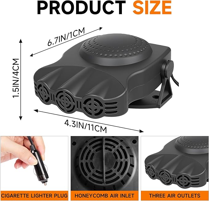 Car Heater 12V 200W 2-in-1 Defroster & Defogger, Fast Heating, Large Airflow, 360° Rotation, Durable High-Temp Design for All 12V Vehicles
