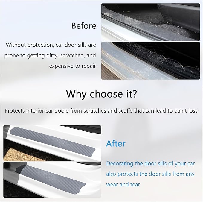 Dickno 4 PCS Car Door Sill Protector, 3D Carbon Fiber Auto Door Entry Edge Guard Protection Trim, Anti-Scratch Threshold Cover Strips, Sill Protection Sticker for Car SUV Truck (Silver)