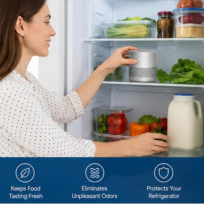 Fridge Deodorizer Odor Eliminator – Reusable Refrigerator Freshener, 10-Year Catalytic Air Purifier for Freezer Closet, Outperforms Baking Soda & Charcoal (Silver, 2.79 inches)