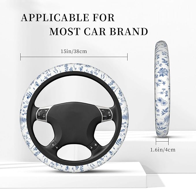 Vintage Blue Flower Steering Wheel Cover Car Decor