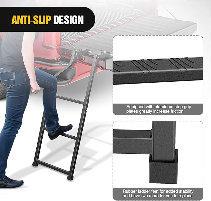 Nilight Foldable Truck Tailgate Ladder for Pickup with Aluminum Step Grip Plates, Replaceable Rubber Feet & Stainless Steel Self Drilling Hex Screws for Easy Installation