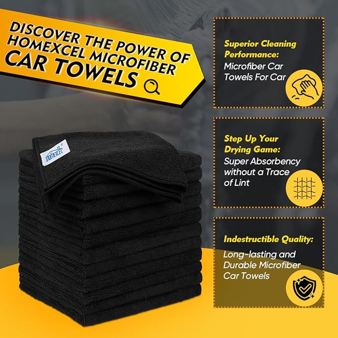 HOMEXCEL Black Microfiber Cleaning Cloth 200 Pack, 11.5 x 11.5 inch Bulk Shop Towels | Reusable Cleaning Rags for Cars, Kitchen, Window, Garage and House, Ultra Absorbent, Lint Free, Streak Free