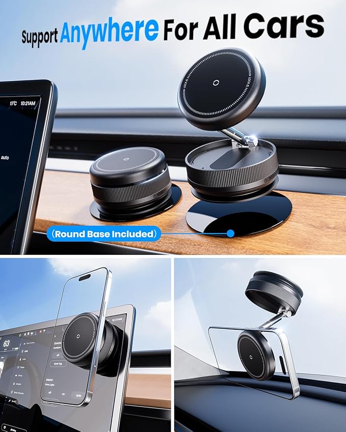 2 PCS Upgraded 360° Vacuum Magnetic Car Phone Holder for Magsafe [96+LBS Strongest Suction & 2800gf Strongest Magnetic], Adjustable Car Phone Mount for Your Car/Gym/Mirror/Shower for iPhone & Android