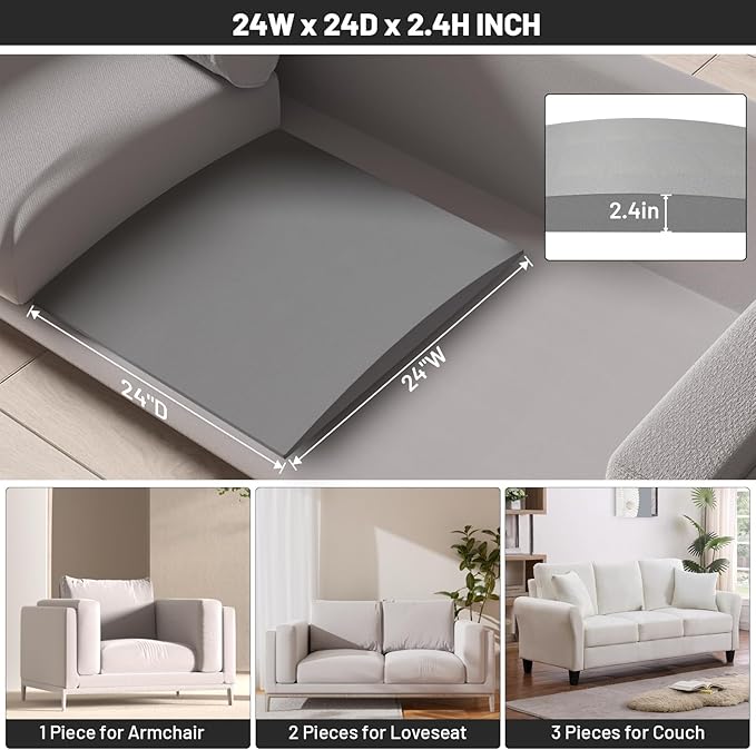 Couch Cushion Support for Sagging Seat, 24"x24"x2.4" 40D High Density Curved Foam Sofa Cushion Support, Under-Cushion Sag Repair,Grey Set of 1