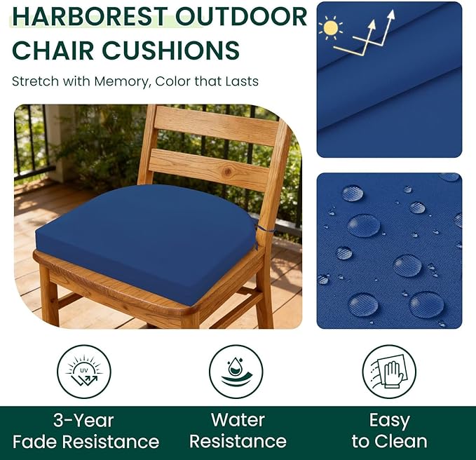 HARBOREST Outdoor Chair Cushions Set of 4, Water Resistant Patio Chair Cushions with Ties, Outdoor Seat Cushions for Patio Furniture, 17"x16"x2", Royal Blue