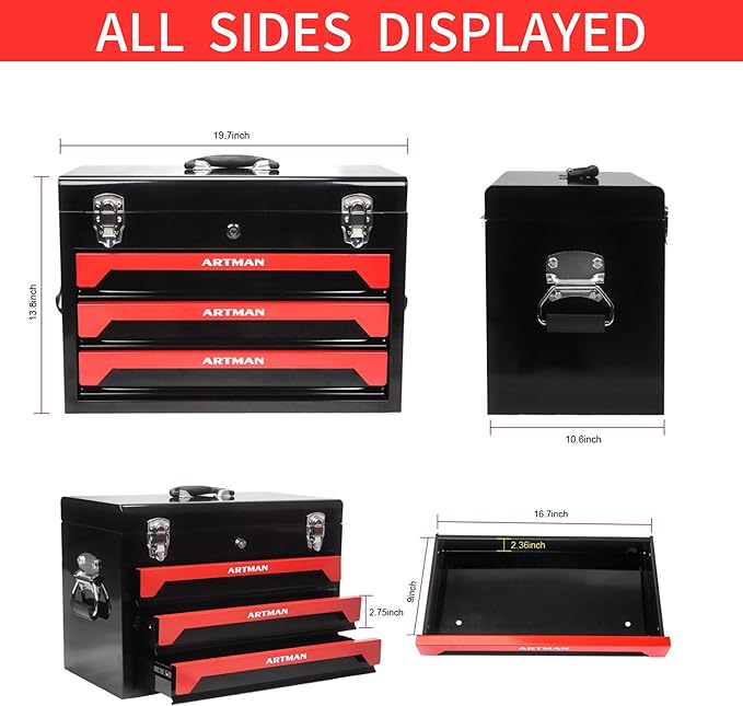 20" Portable 3 Drawer Steel Toolbox,Built in Tool Set,4 Layers of Tools with Metal Latches, with Top Storage Tray and carrying Handle, Multi-Function Tool Storage for Garage, Home,or Workbench