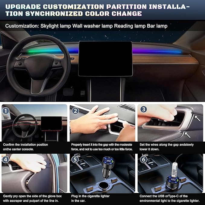 Dreamcolor Acrylic Interior Car LED Strip Light with USB/Type C/4-Port Cigarette Lighter, RGB 2 in 1 with 59.04 inches LEDs Ambient Lighting Kits, Sound Active Function Neon Led Strips for Car