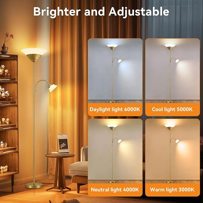 SIBRILLE 2-in-1 Torchiere Floor Lamp, 34W Super Bright LED Standing Lamp with Remote & Touch Control, 72" Dimmable Adjustable Corner Reading Lamp for Living Room, Bedroom, Office, Gold