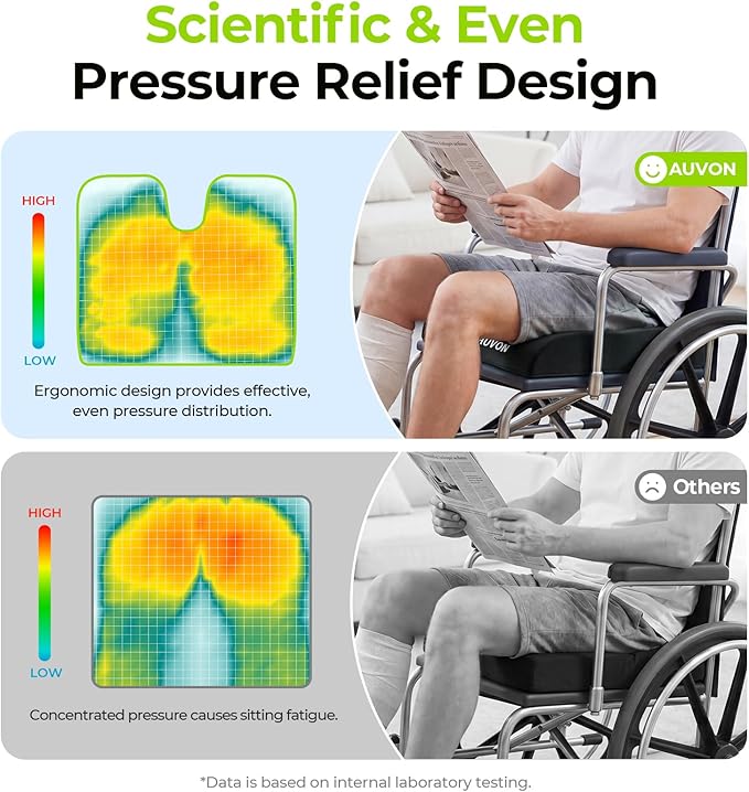 AUVON Wheelchair Seat Cushions (20"x16"x4") for Sciatica, Back, Coccyx, Pressure Sore and Ulcer Pain Relief, Memory Foam Pressure Relief Cushion with Removable Strap, Breathable & Waterproof Fabric