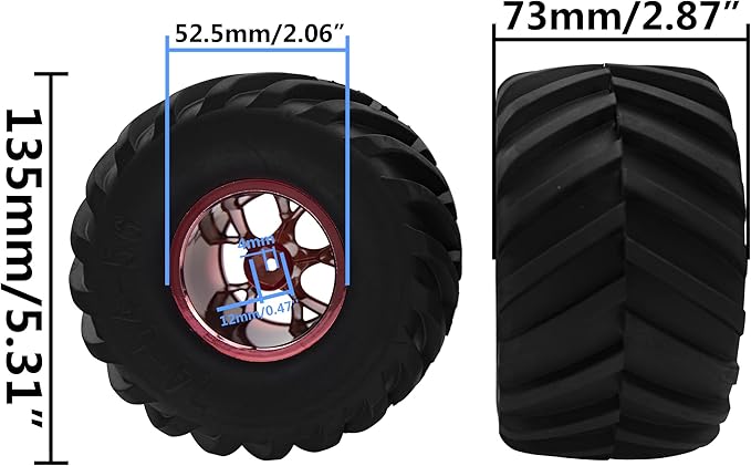 5.31''OD Rubber Tires & Wheel Rim 12mm Hex Hub Compatible with Traxxas Rustler HPI HSP Volcano Tamiya Exceed Himoto 1/10 Off-Road Monster Truck,135mmx73mm (Red)