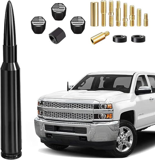 Car Truck Bullet Antenna with Valve Stem Caps Mast for GM Chevy Silverado 1500 2500 3500 HD Ford F150 F250 F350 Denali Heavy Pickup Truck Accessories (Black)-Car wash Safe-Anti Theft