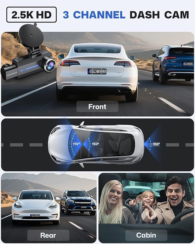 BAEASU Dash Cam Front and Rear 2.5K/1440P, 3 Channel Dash Camera for Cars Dash Cam Front Rear and Inside with 32GB Card, 3.16" IPS Screen, G-Sensor, Loop Recording, Night Vision, Parking Mode