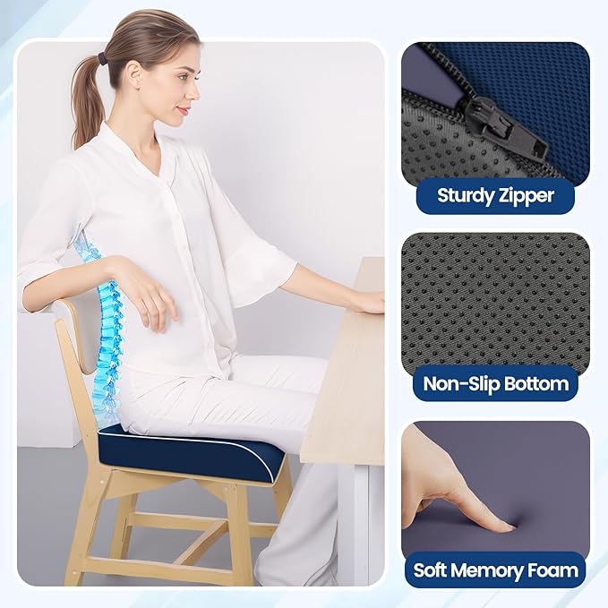 SweetSlubr Seat Cushion for Tailbone Pain Relief, Office Chair Cushion, Memory Foam Large Chair Cushion with Non-Slip Cover for Soft Support at Office Chair, Car Seat, Airplane Dark Blue/X-Large