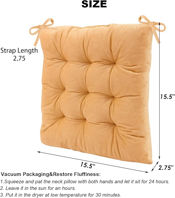 Set of 2 Chair Cushions for Dining Chairs with Ties, Indoor Non-Slip Kitchen Chair Pad and Dining Room Seat Cushion Mat for Office Living Room Outdoor 15.5" - Turmeric Yellow