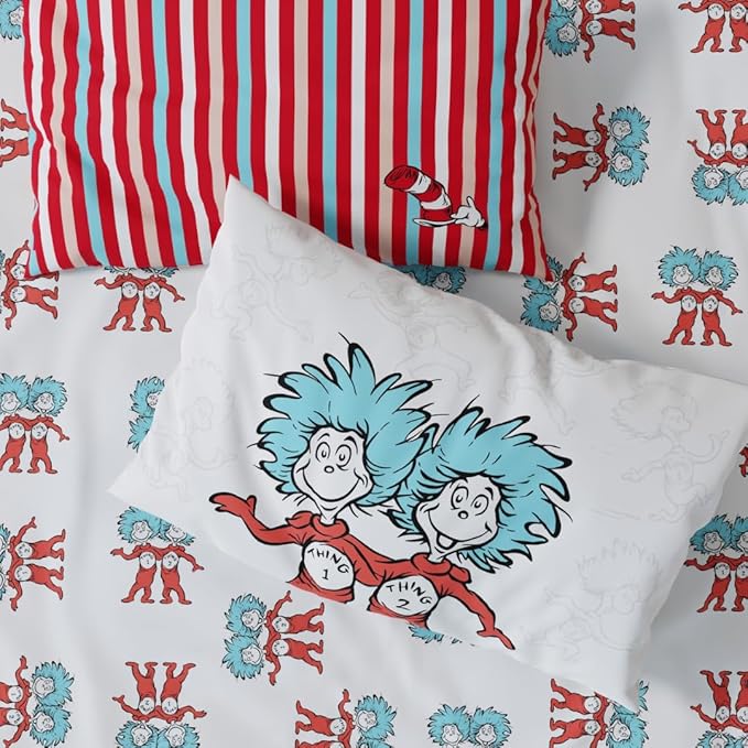 Dr. Seuss Cat in The Hat Kids Bedding, 5 Piece Twin Bed Set, Soft Cozy Reversible Comforter and Sheet Set with Sham, Officially Licensed Product by Franco