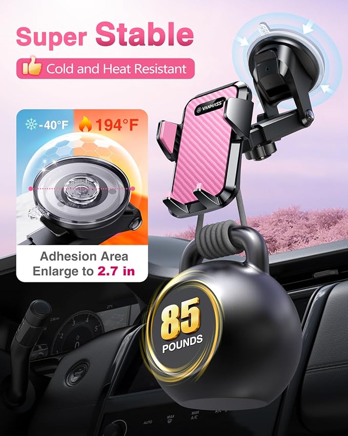 VANMASS【85+LBS Strongest Suction & Military-Grade Ultimate Car Phone Mount【Patent & Safety Certs】 Cell Phone Holder for Dash Windshield Vent for iPhone 17 Pro Max Automobile Accessory Kits,Light Pink