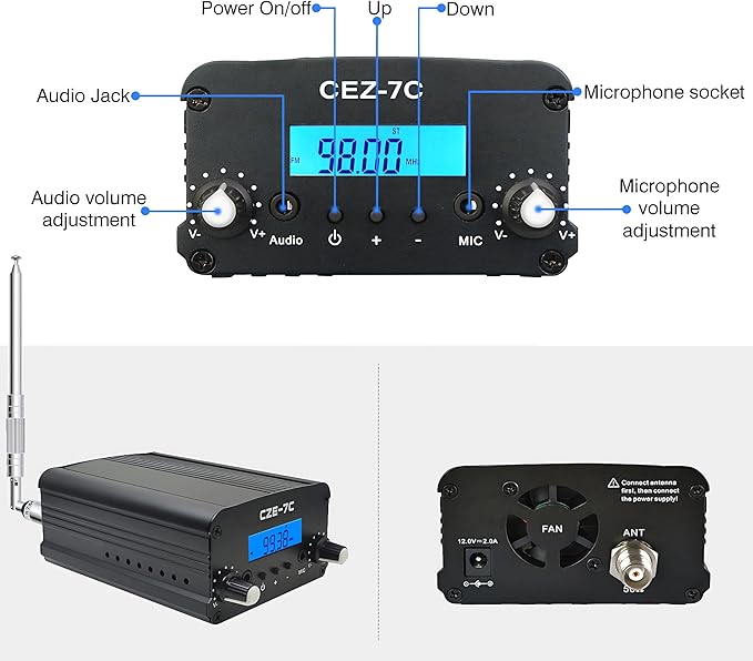 1000 Meters FM Transmitter,7W Long Range Stereo Radio Broadcast Transmitter for Drive-in Church Light Show Supermarket School Car Theater,Conference, Factory Personal Radio