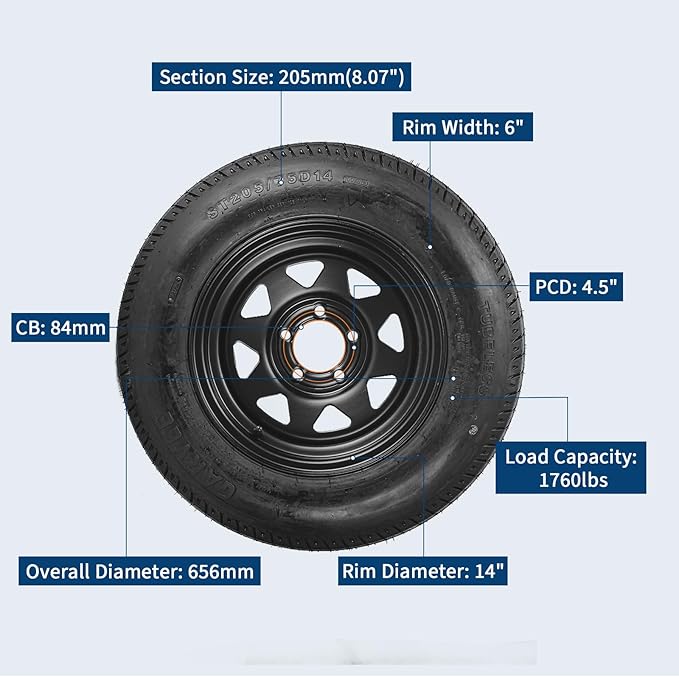 2-Pack Trailer Tire On Rim ST205/75D14 Trailer Tires and Wheels 5 Lug on 4.5 in PCD Trailer Tires with 14 in Rims Load Range C 6PR Black