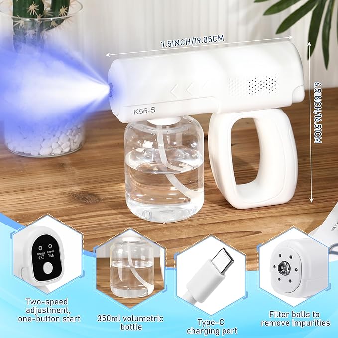 2 Pack Rechargeable Nano Spary Gun Wireless Disinfectant Fogger Machine Handheld Electric Sanitizer Atomizer Portable Barber Mist Sprayer Nano Steam Gun with Blue Light for Home Office Garden