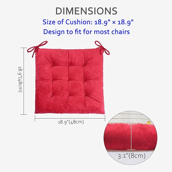 ELFJOY Set of 4 Square Chair Pads Indoor Seat Cushions Pillows with Ties Thick Soft Seat Cushion for Kitchen Dining Office Chair (18", Burgundy)