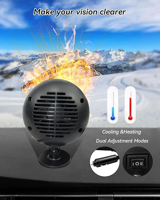 12V 180W 2-in-1 Car Heater & Cooler, Portable Windshield Defroster with 360° Rotating Suction Mount, Plugs into Cigarette Lighter, Black