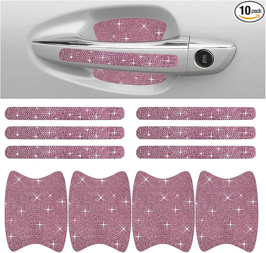 JOYCOURT 10PCS Bling Car Door Handle Anti-Scratch Sticker, Universal Car Doors Handles Protective Cover, Shiny Rhinestone Auto Decor Accessories for Women (Pink)