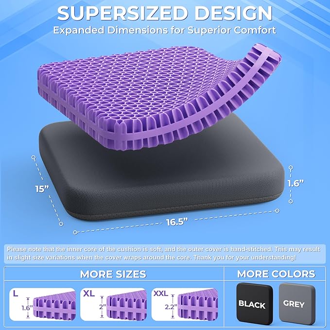 TushGuard Gel Seat Cushion for Long Sitting, Enlarged & Thickened Patent Design Office Chair Seat Cushion, Breathable Cooling Pads for Chairs, Soft Car Cushions for Wheelchair(1.6in, Grey)