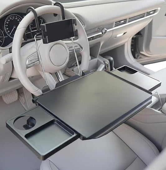 2-in-1 Car Steering Wheel Tray & Back Seat Table with Phone Holder – Height Adjustable Steering Wheel Desk for Car, Laptop & Food Tray, Writing Desk – Fits Cars, SUVs and Truck, 18"