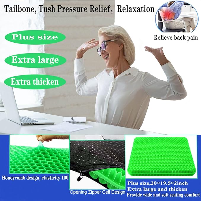 Plus Size Gel Seat Cushion for Long Sitting, Extra Large and Thick, Seat Cushion for Back, Hip, Sciatica, Tailbone Pain Relief, Used for Office, Wheelchair, Car, Recliner, Stadium, Kayka.(Grass Green)